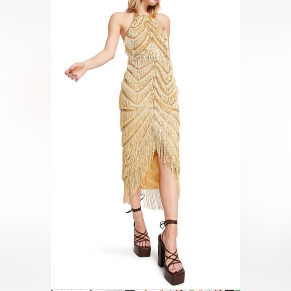 ASOS Design Fringe Halter Midi Dress With Embellishment in Gold